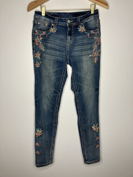 Grace Denim - GRACE Women's Embroidered Floral Skinny Jeans Size 27 Mid Rise Stretch Denim Y2K